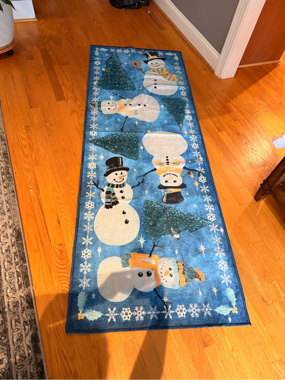 Blue Snowman Holiday Runner Rug - Festive Winter Throw